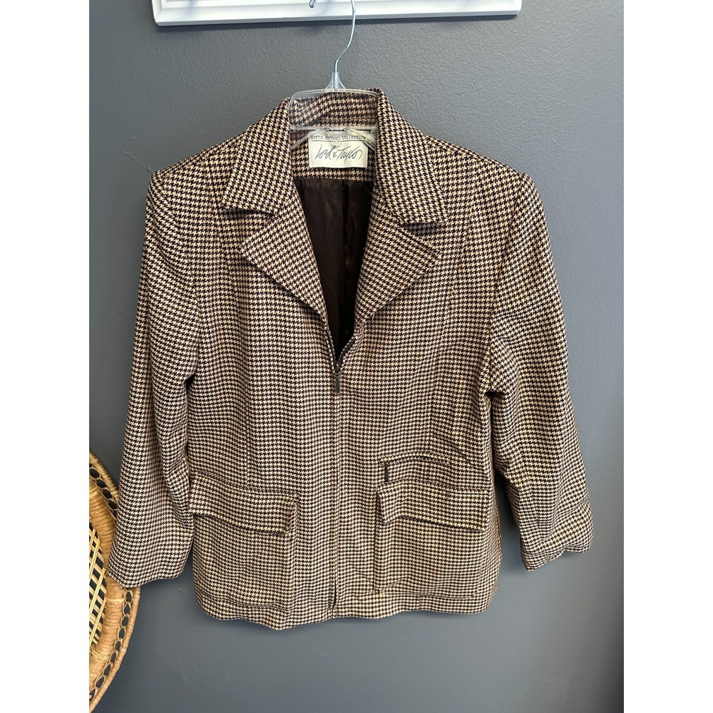 VTG Lord & Taylor Sz 4 Zip Jacket Houndstooth Brown White 100% Pure Wool Blazer